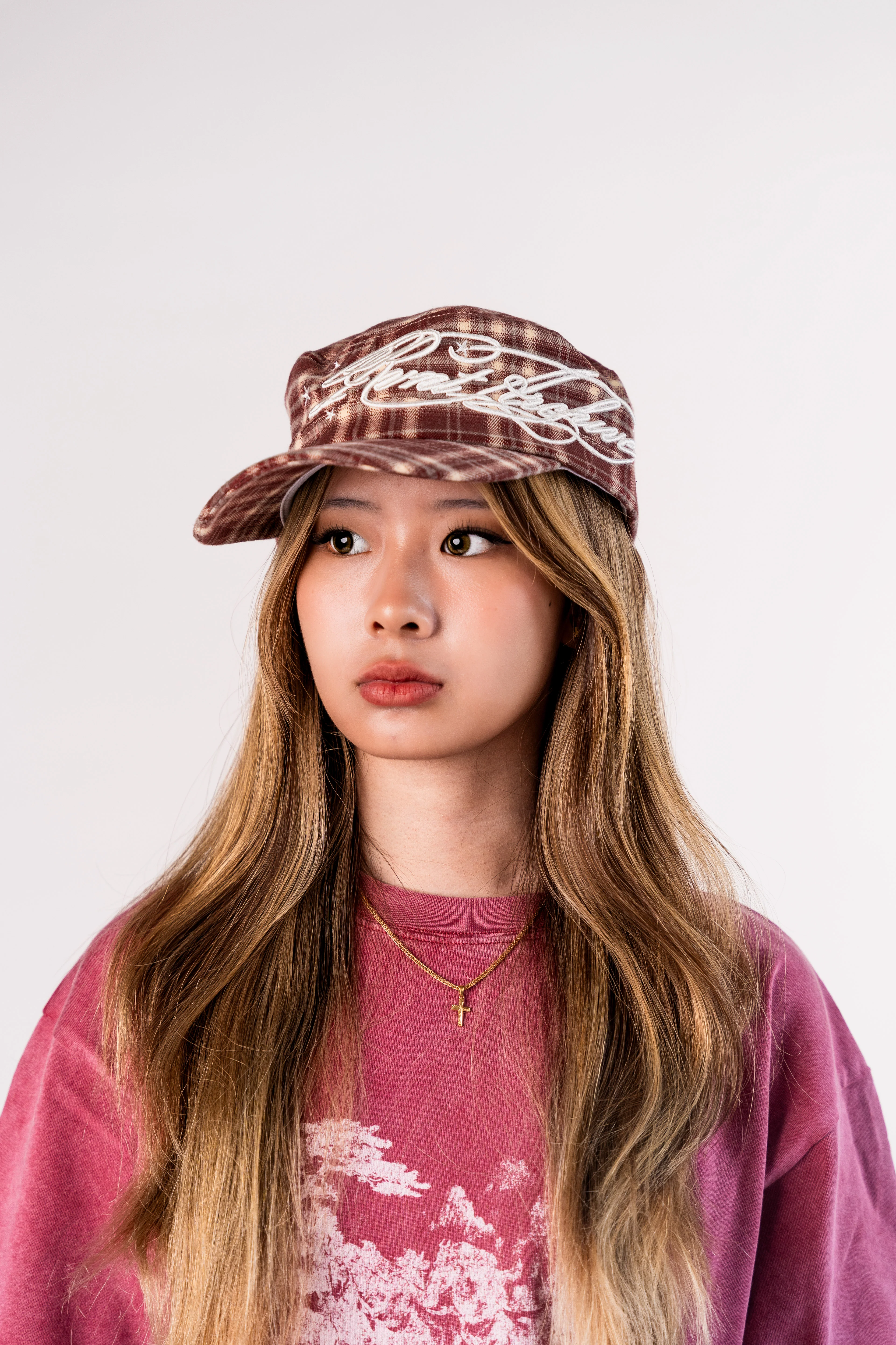 Plaid Embroidered Cadet Cap in Burgundy - Image 5