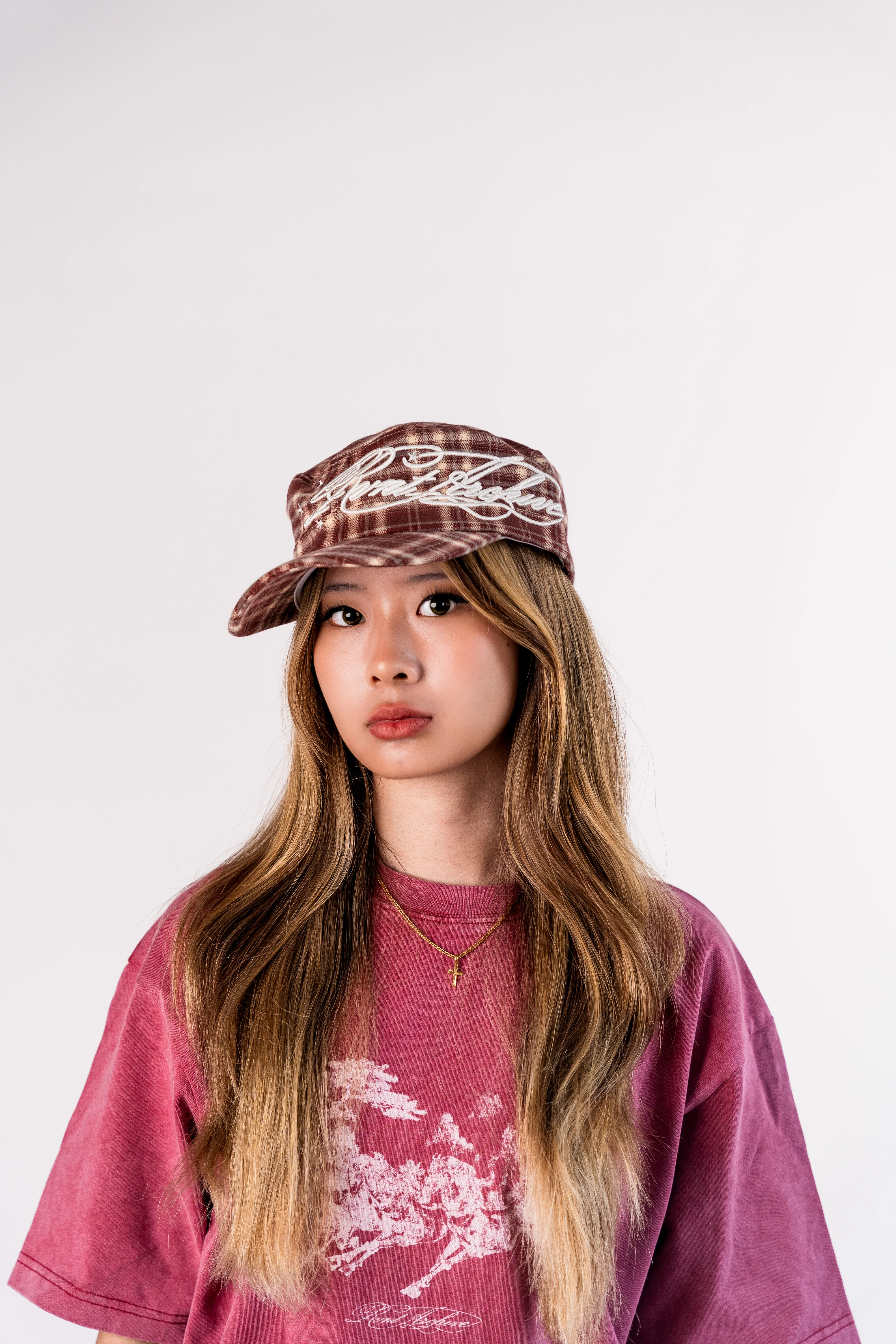 Plaid Embroidered Cadet Cap in Burgundy - Image 6