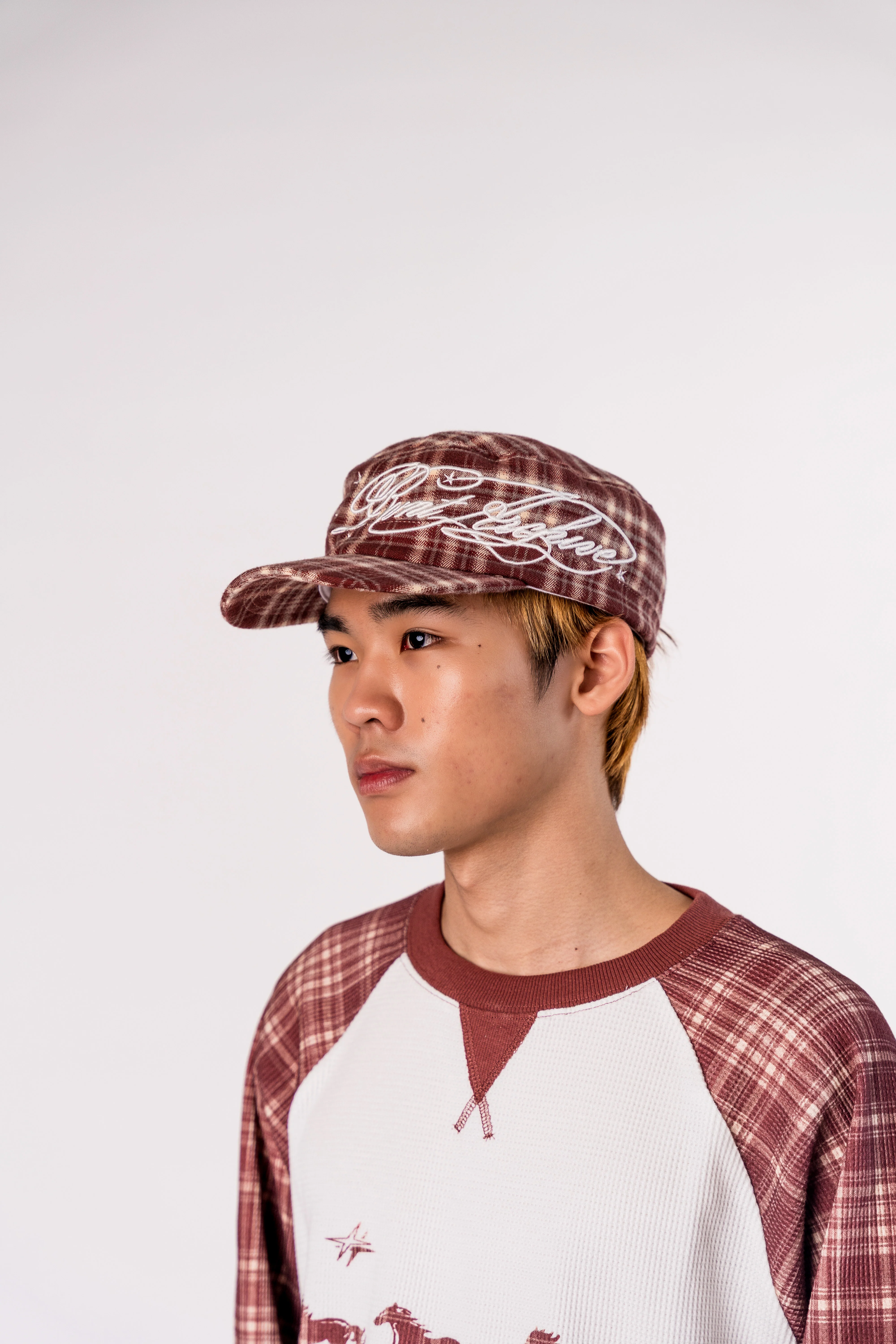 Plaid Embroidered Cadet Cap in Burgundy - Image 7