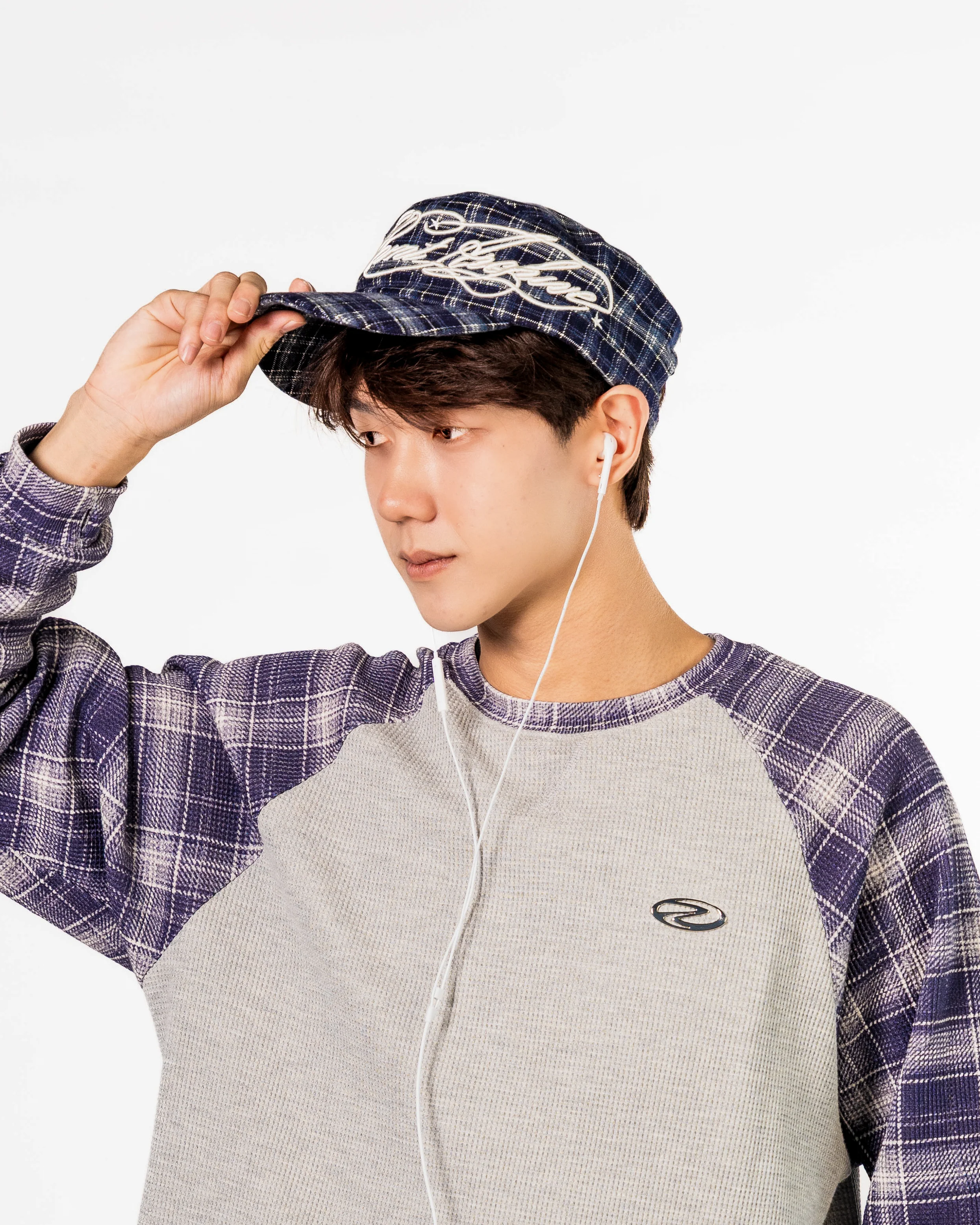 Plaid Embroidered Cadet Cap in Navy Blue - Image 4
